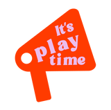 Orange sign with 'It's play time' text on a white background